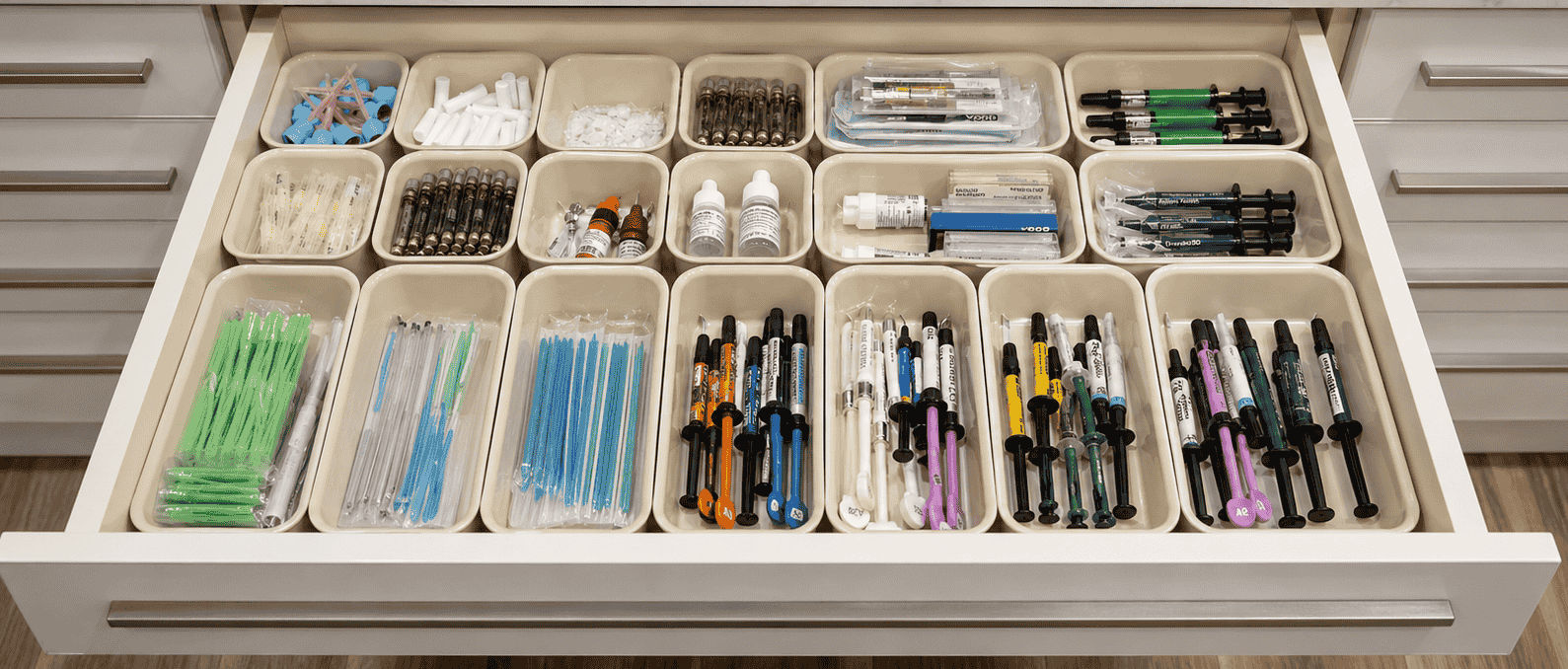 Tiroir de dentiste organisé avec des seringues, des applicateurs et des matériaux dentaires